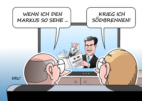 Cartoon: Markus (medium) by Erl tagged flüchtlinge,europa,eu,deutschland,csu,markus,söder,grenze,zaun,asylrecht,diskussion,einschränkung,grundgesetz,achtung,zerstörung,werte,unwohlsein,sodbrennen,fernsehen,karikatur,erl,flüchtlinge,europa,eu,deutschland,csu,markus,söder,grenze,zaun,asylrecht,diskussion,einschränkung,grundgesetz,achtung,zerstörung,werte,unwohlsein,sodbrennen,fernsehen,karikatur,erl