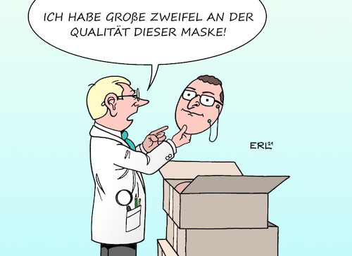 Cartoon: Maskenqualität (medium) by Erl tagged politik,corona,virus,pandemie,covid19,gesundheitsminister,jens,spahn,kritik,vorwurf,schlamperei,beschaffung,preise,qualität,masken,mangelhaft,prüfung,karikatur,erl,politik,corona,virus,pandemie,covid19,gesundheitsminister,jens,spahn,kritik,vorwurf,schlamperei,beschaffung,preise,qualität,masken,mangelhaft,prüfung,karikatur,erl