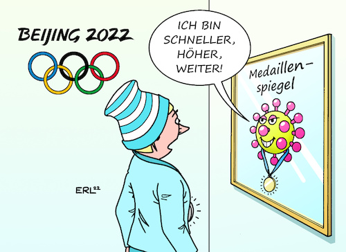 Cartoon: Medaillenspiegel (medium) by Erl tagged politik,sport,olympia,olympische,spiele,winterspiele,peking,2022,corona,virus,pandemie,covid19,omikron,schneller,höher,weiter,medaillen,medaillenspiegel,karikatur,erl,politik,sport,olympia,olympische,spiele,winterspiele,peking,2022,corona,virus,pandemie,covid19,omikron,schneller,höher,weiter,medaillen,medaillenspiegel,karikatur,erl