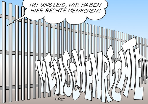 Cartoon: Menschenrechte II (medium) by Erl tagged bericht,amnesty,international,menschenrechte,flüchtlinge,eu,egoismus,zaun,grenze,balkanroute,rechtspopulismus,rechtsextremismus,sachsen,karikatur,erl,bericht,amnesty,international,menschenrechte,flüchtlinge,eu,egoismus,zaun,grenze,balkanroute,rechtspopulismus,rechtsextremismus,sachsen,karikatur,erl