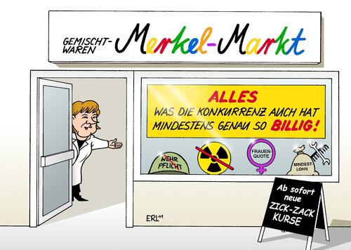 Cartoon: Merkel-Markt (medium) by Erl tagged merkel,angela,bundeskanzlerin,cdu,politik,themen,beliebigkeit,zickzack,kurs,plagiat,konkurrenz,rot,grün,regierung,koalition,schwarz,gelb,csu,fdp,wehrpflicht,abschaffung,atomausstieg,frauenquote,mindestlohn,merkel,bundeskanzlerin,cdu,themen,beliebigkeit,plagiat,konkurrenz,wehrpflicht,abschaffung,atomausstieg,regierung,koalition,csu,frauenquote,mindestlohn