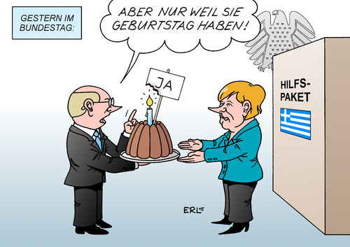 Cartoon: Merkel Abstimmung (medium) by Erl tagged griechenland,pleite,schulden,euro,eu,ezb,iwf,hilfspaket,zustimmung,bundestag,skepsis,union,cdu,csu,merkel,geburtstag,karikatur,erl,griechenland,pleite,schulden,euro,eu,ezb,iwf,hilfspaket,zustimmung,bundestag,skepsis,union,cdu,csu,merkel,geburtstag