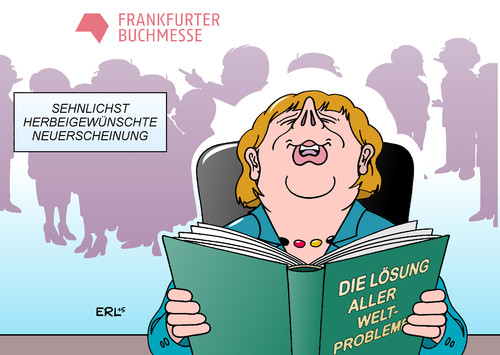 Cartoon: Merkel Buchmesse (medium) by Erl tagged frankfurter,buchmesse,frankfurt,bücher,neuerscheinungen,autor,autoren,wunsch,sehnsucht,lösung,weltprobleme,flucht,flüchtlinge,syrien,krieg,bundeskanzlerin,angela,merkel,karikatur,erl,frankfurter,buchmesse,frankfurt,bücher,neuerscheinungen,autor,autoren,wunsch,sehnsucht,lösung,weltprobleme,flucht,flüchtlinge,syrien,krieg,bundeskanzlerin,angela,merkel,karikatur,erl