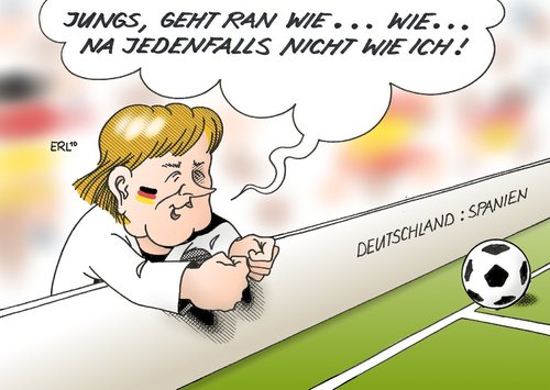 Cartoon: Merkel feuert an (medium) by Erl tagged fußball,wm,halbfinale,deutschland,spanien,merkel,anfeuern,daumendrücken,zaudern,zögern,führungsschwäche,fußball,wm,halbfinale,deutschland,spanien,weltmeisterschaft,angela merkel,führung,führungsschwäche,bundeskanzlerin,bundeskanzler,angela,merkel