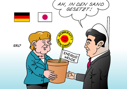 Cartoon: Merkel Japan (medium) by Erl tagged bundeskanzlerin,angela,merkel,besuch,japan,ministerpräsident,shinzo,abe,atomkraft,atomausstieg,energiewende,vorbild,beispiel,abschreckung,sand,blumentopf,karikatur,erl,bundeskanzlerin,angela,merkel,besuch,japan,ministerpräsident,shinzo,abe,atomkraft,atomausstieg,energiewende,vorbild,beispiel,abschreckung,sand,blumentopf