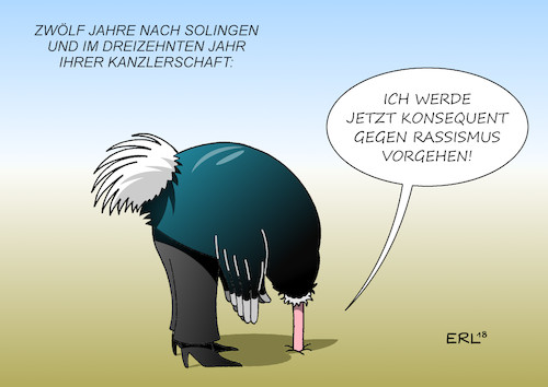 Cartoon: Merkel Kampf gegen Rassismus (medium) by Erl tagged politik,innenpolitik,gedenken,25,jahre,brandanschlag,solingen,rassismus,fremdenfeindlichkeit,fremdenhass,hass,bundeskanzlerin,angela,merkel,kampf,engagement,spät,vogel,strauß,kopf,sand,kanzlerschaft,karikatur,erl,politik,innenpolitik,gedenken,25,jahre,brandanschlag,solingen,rassismus,fremdenfeindlichkeit,fremdenhass,hass,bundeskanzlerin,angela,merkel,kampf,engagement,spät,vogel,strauß,kopf,sand,kanzlerschaft,karikatur,erl