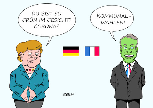 Cartoon: Merkel Macron (medium) by Erl tagged politik,treffen,bundeskanzlerin,angela,merkel,deutschland,präsident,emmanuel,macron,frankreich,gespräch,beratung,corona,virus,pandemie,aufbau,wirtschaft,eu,kommunalwahlen,gewinner,grüne,karikatur,erl,politik,treffen,bundeskanzlerin,angela,merkel,deutschland,präsident,emmanuel,macron,frankreich,gespräch,beratung,corona,virus,pandemie,aufbau,wirtschaft,eu,kommunalwahlen,gewinner,grüne,karikatur,erl