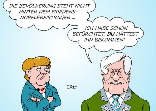 Cartoon: Merkel Nobelpreis (medium) by Erl tagged karikatur,rechtspopulismus,seehofer,csu,kritik,humanität,grenzöffnung,flüchtlinge,merkel,angela,bundeskanzlerin,ablehnung,bevölkerung,abstimmung,rebellen,farc,kolumbien,friedensvertrag,frieden,santos,manuel,juan,friedensnobelpreis,erl,friedensnobelpreis,juan,manuel,santos,frieden,friedensvertrag,kolumbien,farc,rebellen,abstimmung,bevölkerung,ablehnung,bundeskanzlerin,angela,merkel,flüchtlinge,grenzöffnung,humanität,kritik,csu,seehofer,rechtspopulismus,karikatur,erl