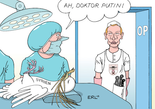 Cartoon: Merkel Putin (medium) by Erl tagged politik,syrien,krieg,bürgerkrieg,stellvertreterkrieg,russland,usa,iran,türkei,saudi,arabien,leid,tod,verletzung,zivilbevölkerung,diktator,assad,giftgas,antwort,westen,raketenangriff,besinnung,diplomatie,politische,lösung,anruf,bundeskanzlerin,angela,merkel,wladimir,putin,medizin,operation,op,arzt,doktor,friedenstaube,karikatur,erl,politik,syrien,krieg,bürgerkrieg,stellvertreterkrieg,russland,usa,iran,türkei,saudi,arabien,leid,tod,verletzung,zivilbevölkerung,diktator,assad,giftgas,antwort,westen,raketenangriff,besinnung,diplomatie,politische,lösung,anruf,bundeskanzlerin,angela,merkel,wladimir,putin,medizin,operation,op,arzt,doktor,friedenstaube,karikatur,erl