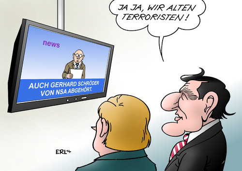 Cartoon: Merkel Schröder NSA (medium) by Erl tagged nsa,geheimdienst,usa,abören,überwachen,abhöraffäre,bundeskanzlerin,angela,merkel,bundeskanzler,gerhard,schröder,freund,feind,datenschutz,recht,unrecht,terror,terrorbekämpfung,terroristen,nsa,geheimdienst,usa,abören,überwachen,abhöraffäre,bundeskanzlerin,angela,merkel,bundeskanzler,gerhard,schröder,freund,feind,datenschutz,recht,unrecht,terror,terrorbekämpfung,terroristen