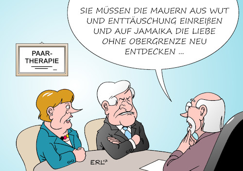 Cartoon: Merkel Seehofer (medium) by Erl tagged cdu,csu,union,flüchtlingspolitik,bundeskanzlerin,angela,merkel,ministerpräsident,bayern,horst,seehofer,obergrenze,flüchtlinge,bundestagswahl,verluste,einzug,bundestag,afd,rechtsruck,regierung,koalition,möglichkeit,jamaika,schwarz,gelb,grün,fdp,die,grünen,paartherapie,deutsche,einheit,mauern,wut,enttäuschung,rede,bundespräsident,steinmeier,karikatur,erl,cdu,csu,union,flüchtlingspolitik,bundeskanzlerin,angela,merkel,ministerpräsident,bayern,horst,seehofer,obergrenze,flüchtlinge,bundestagswahl,verluste,einzug,bundestag,afd,rechtsruck,regierung,koalition,möglichkeit,jamaika,schwarz,gelb,grün,fdp,die,grünen,paartherapie,deutsche,einheit,mauern,wut,enttäuschung,rede,bundespräsident,steinmeier,karikatur,erl