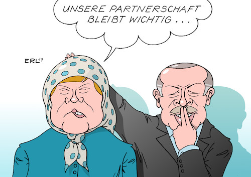 Cartoon: Merkel Türkei (medium) by Erl tagged bundeskanzlerin,angela,merkel,rede,bundestag,verhältnis,türkei,beziehung,partnerschaft,präsident,erdogan,umbau,demokratie,präsidialsystem,abbau,meinungsfreiheit,pressefreiheit,verhaftung,journalisten,opposition,wahlkampf,deutschland,auftritt,verbot,nazimethoden,nazivergleich,hitlerbart,hitlergruß,karikatur,erl,bundeskanzlerin,angela,merkel,rede,bundestag,verhältnis,türkei,beziehung,partnerschaft,präsident,erdogan,umbau,demokratie,präsidialsystem,abbau,meinungsfreiheit,pressefreiheit,verhaftung,journalisten,opposition,wahlkampf,deutschland,auftritt,verbot,nazimethoden,nazivergleich,hitlerbart,hitlergruß,karikatur,erl