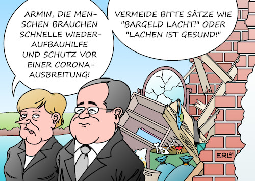 Cartoon: Merkel und Laschet (medium) by Erl tagged politik,klima,klimawandel,erderwärmung,extremwetter,starkregen,hochwasser,rheinland,pfalz,nordrhein,westfalen,nrw,besuch,bundeskanzlerin,angela,merkel,cdu,ministerpräsident,kanzlerkandidat,union,armin,laschet,missgeschick,lachen,scherzen,wiedraufbauhilfe,geld,gefahr,corona,hotspot,bargeld,gesundheit,karikatur,erl,politik,klima,klimawandel,erderwärmung,extremwetter,starkregen,hochwasser,rheinland,pfalz,nordrhein,westfalen,nrw,besuch,bundeskanzlerin,angela,merkel,cdu,ministerpräsident,kanzlerkandidat,union,armin,laschet,missgeschick,lachen,scherzen,wiedraufbauhilfe,geld,gefahr,corona,hotspot,bargeld,gesundheit,karikatur,erl