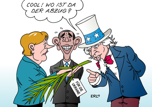 Cartoon: Merkel USA (medium) by Erl tagged ukraine,krieg,russland,separatisten,ostukraine,bundeskanzlerin,angela,merkel,besuch,usa,diplomatie,waffenlieferungen,palmzweig,abzug,uncle,sam,barack,obama,karikatur,erl,ukraine,krieg,russland,separatisten,ostukraine,bundeskanzlerin,angela,merkel,besuch,usa,diplomatie,waffenlieferungen,palmzweig,abzug