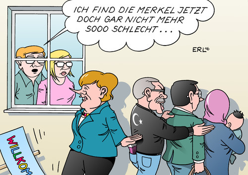 Cartoon: Merkel wieder beliebter (medium) by Erl tagged flüchtlinge,europa,eu,türkei,abkommen,deal,rücknahme,verteilung,flüchtlingspolitik,bundeskanzlerin,angela,merkel,umfrage,absturz,flüchtlingszahlen,rückgang,balkanroute,schließung,beliebtheit,steigerung,menschenrechte,pressefreiheit,präsident,erdogan,karikatur,erl,flüchtlinge,europa,eu,türkei,abkommen,deal,rücknahme,verteilung,flüchtlingspolitik,bundeskanzlerin,angela,merkel,umfrage,absturz,flüchtlingszahlen,rückgang,balkanroute,schließung,beliebtheit,steigerung,menschenrechte,pressefreiheit,präsident,erdogan,karikatur,erl