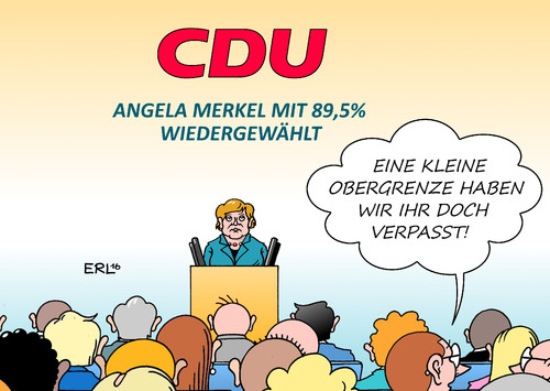 Cartoon: Merkel Wiederwahl (medium) by Erl tagged cdu,parteitag,wiederwahl,vorsitzende,angela,merkel,bundeskanzlerin,dämpfer,flüchtlingspolitik,grenzöffnung,flüchtlinge,angst,abschottung,obergrenze,klein,karikatur,erl,cdu,parteitag,wiederwahl,vorsitzende,angela,merkel,bundeskanzlerin,dämpfer,flüchtlingspolitik,grenzöffnung,flüchtlinge,angst,abschottung,obergrenze,klein,karikatur,erl