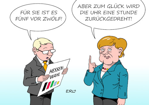 Cartoon: Merkel Zeitumstellung (medium) by Erl tagged politik,wahl,hessen,landtagswahl,stimmungstest,große,koalition,groko,cdu,csu,spd,bundeskanzlerin,angela,merkel,schicksalswahl,fünf,vor,zwölf,uhr,zeitumstellung,sommerzeit,winterzeit,zeit,zurückdrehen,rettung,karikatur,erl,politik,wahl,hessen,landtagswahl,stimmungstest,große,koalition,groko,cdu,csu,spd,bundeskanzlerin,angela,merkel,schicksalswahl,fünf,vor,zwölf,uhr,zeitumstellung,sommerzeit,winterzeit,zeit,zurückdrehen,rettung,karikatur,erl