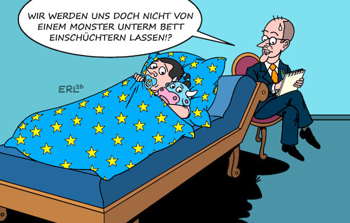 Cartoon: Merz macht Mut (medium) by Erl tagged politik,bundeskanzler,friedrich,merz,appell,eu,selbstbewusstsein,geschlossenheit,psychoanalyse,monster,bett,europa,stier,karikatur,erl,politik,bundeskanzler,friedrich,merz,appell,eu,selbstbewusstsein,geschlossenheit,psychoanalyse,monster,bett,europa,stier,karikatur,erl