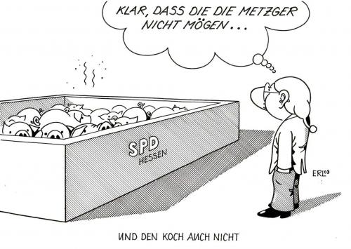 Cartoon: Metzger (medium) by Erl tagged spd,hessen,dagmar,metzger,roland,koch,,spd,hessen,dagmar,metzger,roland,koch,hassen,ubeliebtheit,umfragen,umfragentief,schweine,schweinetrog,wahlen,politik,eingegrenzt,gestank,masse,sau,rudel,rotte,horde,herde,roland koch