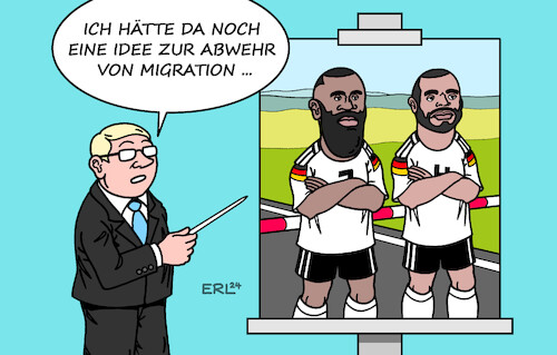 Cartoon: Migrationsabwehr (medium) by Erl tagged politik,europa,deutschland,flüchtlinge,flucht,vertreibung,asylpolitik,druck,rechtspopulismus,rechtsextremismus,abschiebungen,drittstaatenlösung,asylverfahren,drittstaaten,ruanda,albanien,ziel,abwehr,migration,sport,fußball,europameisterschaft,em,2024,nationalmannschaft,abwehrspieler,weltklasse,antonio,rüdiger,jonathan,tah,migrationshintergrund,karikatur,erl,politik,europa,deutschland,flüchtlinge,flucht,vertreibung,asylpolitik,druck,rechtspopulismus,rechtsextremismus,abschiebungen,drittstaatenlösung,asylverfahren,drittstaaten,ruanda,albanien,ziel,abwehr,migration,sport,fußball,europameisterschaft,em,2024,nationalmannschaft,abwehrspieler,weltklasse,antonio,rüdiger,jonathan,tah,migrationshintergrund,karikatur,erl