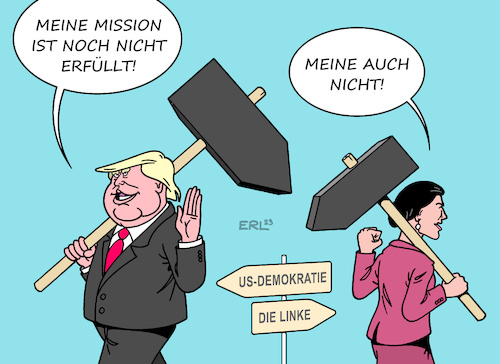 Cartoon: Missionen (medium) by Erl tagged politik,usa,expräsident,donald,trump,rechtspopulismus,rechtsextremismus,zerstörung,demokratie,mission,deutschland,sahra,wagenknecht,abkehr,linkspartei,die,linke,vorschlaghammer,hammer,karikatur,erl,politik,usa,expräsident,donald,trump,rechtspopulismus,rechtsextremismus,zerstörung,demokratie,mission,deutschland,sahra,wagenknecht,abkehr,linkspartei,die,linke,vorschlaghammer,hammer,karikatur,erl