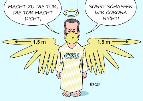 Cartoon: Mit Engelszungen (medium) by Erl tagged politik,corona,virus,pandemie,covid19,zweite,welle,lockdown,light,entscheidung,lockerungen,weihnachten,silvester,neujahr,bayern,ministerpräsident,markus,söder,csu,verkündung,verschärfung,maßnahmen,engel,weihnachtslied,adventlied,macht,hoch,die,tür,tor,weit,karikatur,erl,politik,corona,virus,pandemie,covid19,zweite,welle,lockdown,light,entscheidung,lockerungen,weihnachten,silvester,neujahr,bayern,ministerpräsident,markus,söder,csu,verkündung,verschärfung,maßnahmen,engel,weihnachtslied,adventlied,macht,hoch,die,tür,tor,weit,karikatur,erl