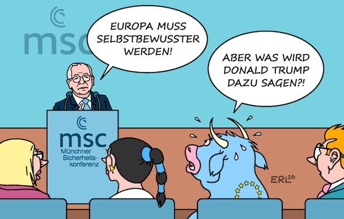 Cartoon: MSC (medium) by Erl tagged politik,msc,münchner,sicherheitskonferenz,ischinger,forderung,europa,selbstbewusst,angst,usa,trump,stier,karikatur,erl,politik,msc,münchner,sicherheitskonferenz,ischinger,forderung,europa,selbstbewusst,angst,usa,trump,stier,karikatur,erl