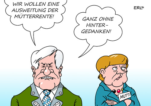 Cartoon: Mütterrente (medium) by Erl tagged rente,zukunft,alter,altersvorsorge,gespräch,ministerpräsident,bayern,horst,seehofer,csu,bundeskanzlerin,angela,merkel,spitzname,mutti,cdu,streitpunkt,mütterrente,ausweitung,beilegung,streit,flüchtlingspolitik,sticheleien,hintergedanken,unterstützung,kanzlerkandidatur,karikatur,erl,rente,zukunft,alter,altersvorsorge,gespräch,ministerpräsident,bayern,horst,seehofer,csu,bundeskanzlerin,angela,merkel,spitzname,mutti,cdu,streitpunkt,mütterrente,ausweitung,beilegung,streit,flüchtlingspolitik,sticheleien,hintergedanken,unterstützung,kanzlerkandidatur,karikatur,erl