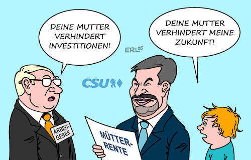 Cartoon: Mütterrente (medium) by Erl tagged politik,csu,söder,mütterrente,kritik,arbeitgeber,verhinderung,investitionen,zukunft,kinder,jugendliche,karikatur,erl,politik,csu,söder,mütterrente,kritik,arbeitgeber,verhinderung,investitionen,zukunft,kinder,jugendliche,karikatur,erl