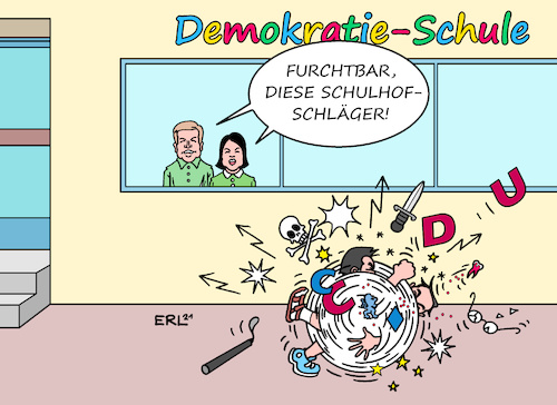 Cartoon: Musterschüler (medium) by Erl tagged politik,partei,cdu,csu,union,kanzlerkandidat,machtkampf,armin,laschet,markus,söder,schlägerei,schulhof,rauferei,schulhofschläger,schule,demokratie,musterschüler,streber,bündnis,90,die,grünen,grüne,kanzlerkandidatin,annalena,baerbock,robert,habeck,einigung,friedlich,geordnet,karikatur,erl,politik,partei,cdu,csu,union,kanzlerkandidat,machtkampf,armin,laschet,markus,söder,schlägerei,schulhof,rauferei,schulhofschläger,schule,demokratie,musterschüler,streber,bündnis,90,die,grünen,grüne,kanzlerkandidatin,annalena,baerbock,robert,habeck,einigung,friedlich,geordnet,karikatur,erl