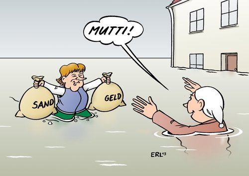 Cartoon: Mutti 1 (medium) by Erl tagged hochwasser,flut,deutschland,bundeskanzlerin,angela,merkel,besuch,hilfe,unterstützung,wahlkampf,wähler,wählerstimmen,aufkreuzen,ankreuzen,sack,sand,geld,sandsack,geldsack,hochwasser,flut,deutschland,bundeskanzlerin,angela,merkel,besuch,hilfe,unterstützung,wahlkampf,wähler,wählerstimmen,aufkreuzen,ankreuzen,sack,sand,geld,sandsack,geldsack