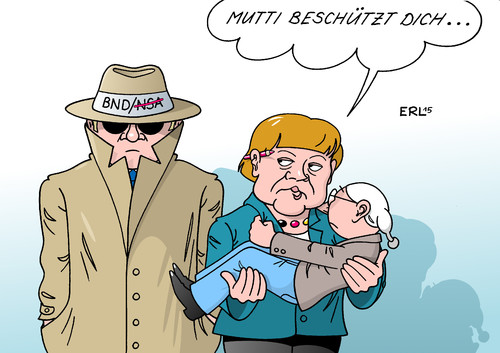 Cartoon: Mutti (medium) by Erl tagged bnd,nsa,geheimdienst,spionage,zusammenarbeit,abhören,affäre,skandal,kontrolle,kanzleramt,minister,bundeskanzlerin,aussitzen,schutz,schutzpatronin,mutti,kind,bürger,michel,angst,agent,karikatur,erl,bnd,nsa,geheimdienst,spionage,zusammenarbeit,abhören,affäre,skandal,kontrolle,kanzleramt,minister,bundeskanzlerin,aussitzen,schutz,schutzpatronin,mutti,kind,bürger,michel,angst,agent