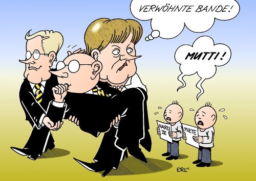 Cartoon: Mutti (medium) by Erl tagged merkel,regierung,schwarz,gelb,koalition,cdu,csu,fdp,geschenke,klientelpolitik,belastung,arme,kleine,hartz,vier,miete,gebäudesanierung,angela merkel,regierung,schwarz,koalition,cdu,fdp,geschenke,belastung,kleine,hartz,vier,miete,gebäudesanierung,klientelpolitik,angela,merkel