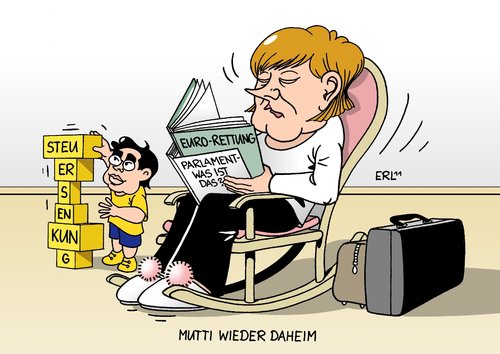 Cartoon: Mutti wieder daheim (medium) by Erl tagged angela,bundeskanzlerin,merkel,urlaub,ende,berlin,arbeit,regierung,koalition,schwarz,gelb,cdu,csu,fdp,wirtschaftsminister,philipp,rösler,steuersenkung,euro,rettung,krise,parlament,umgehung,bundeskanzlerin,angela merkel,ende,berlin,arbeit,regierung,koalition,schwarz,gelb,cdu,csu,philipp rösler,parlament,krise,rettung,umgehung,angela,merkel,philipp,rösler