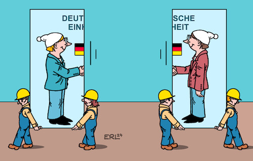 Cartoon: Nach der Einheitsfeier (medium) by Erl tagged politik,feiertag,deutsche,einheit,wiedervereinigung,brd,ddr,ost,west,trennung,unterschied,karikatur,erl,politik,feiertag,deutsche,einheit,wiedervereinigung,brd,ddr,ost,west,trennung,unterschied,karikatur,erl