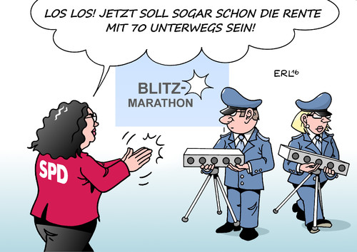 Cartoon: Nahles Blitzmarathon (medium) by Erl tagged blitzmarathon,geschwindigkeitskontrolle,auto,verkehr,raser,geschwindigkeit,höchstgeschwindigkeit,50,rente,mit,70,vorschlag,junge,union,ju,finanzminister,schäuble,cdu,kritik,ablehnung,spd,arbeitsministerin,nahles,polizei,karikatur,erl,blitzmarathon,geschwindigkeitskontrolle,auto,verkehr,raser,geschwindigkeit,höchstgeschwindigkeit,50,rente,mit,70,vorschlag,junge,union,ju,finanzminister,schäuble,cdu,kritik,ablehnung,spd,arbeitsministerin,nahles,polizei,karikatur,erl