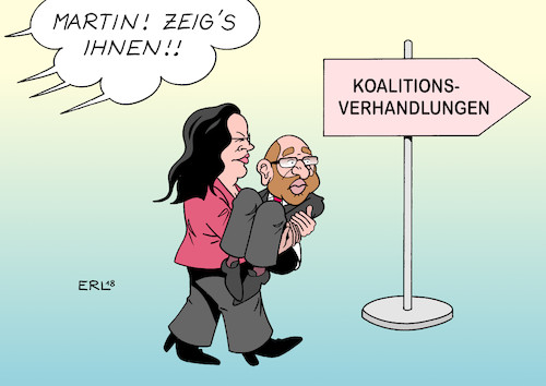 Cartoon: Nahles Schulz (medium) by Erl tagged bundestagswahl,regierung,regierungsbildung,sondierung,groko,große,koalition,schwarz,rot,cdu,csu,spd,parteitag,widerstand,rede,andrea,nahles,wende,zustimmung,koalitionsverhandlungen,verhandlungen,martin,schulz,parteichef,angeschlagen,starke,frau,karikatur,erl,bundestagswahl,regierung,regierungsbildung,sondierung,groko,große,koalition,schwarz,rot,cdu,csu,spd,parteitag,widerstand,rede,andrea,nahles,wende,zustimmung,koalitionsverhandlungen,verhandlungen,martin,schulz,parteichef,angeschlagen,starke,frau,karikatur,erl