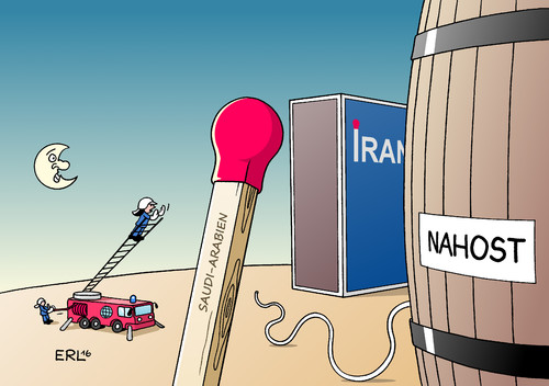 Cartoon: Nahost (medium) by Erl tagged nahost,saudi,arabien,iran,konflikt,sunniten,schiiten,gefahr,krieg,pulverfass,streichholz,streichholzschachtel,zündholz,zündholzschachtel,lunte,funke,feuer,feuerwehr,feuerwehrauto,mond,halbmond,karikatur,erl,nahost,saudi,arabien,iran,konflikt,sunniten,schiiten,gefahr,krieg,pulverfass,streichholz,streichholzschachtel,zündholz,zündholzschachtel,lunte,funke,feuer,feuerwehr,feuerwehrauto,mond,halbmond,karikatur,erl