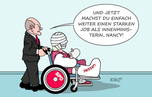 Cartoon: Nancy Faeser (medium) by Erl tagged politik,wahl,landtagswahl,hessen,spd,spitzenkandidatin,nancy,faeser,wahlverliererin,schwächung,amt,bundesinnenministerin,bundeskanzler,olaf,scholz,betreuer,rollstuhl,karikatur,erl,politik,wahl,landtagswahl,hessen,spd,spitzenkandidatin,nancy,faeser,wahlverliererin,schwächung,amt,bundesinnenministerin,bundeskanzler,olaf,scholz,betreuer,rollstuhl,karikatur,erl