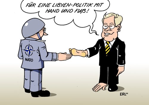 Cartoon: NATO-Treffen (medium) by Erl tagged libyen,bürgerkrieg,westen,einsatz,militär,nato,flugverbot,un,resolution,deutschland,enthaltung,politik,zickzackkurs,hand,fuß,westerwelle,außenminister,fdp,regierung,koalition,schwarz,gelb,cdu,csu,libyen,bürgerkrieg,westen,einsatz,militär,nato,flugverbot,un,resolution,deutschland,enthaltung