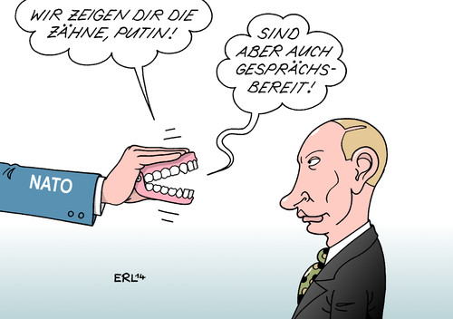 Cartoon: NATO Putin (medium) by Erl tagged nato,gipfel,ukraine,krise,krieg,separatisten,russland,präsident,putin,zähne,drohung,gespräch,gesprächsbereitschaft,gebiss,nato,gipfel,ukraine,krise,krieg,separatisten,russland,präsident,putin,zähne,drohung,gespräch,gesprächsbereitschaft,gebiss