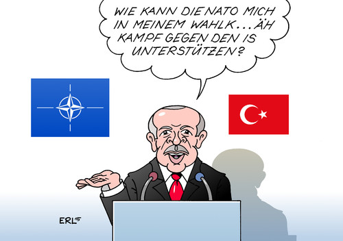 Cartoon: NATO Türkei (medium) by Erl tagged türkei,is,kurden,pkk,angriff,luftangriff,präsident,erdogan,starker,mann,stark,stärke,neuwahlen,treffen,beratung,unterstützung,nato,karikatur,erl,türkei,is,kurden,pkk,angriff,luftangriff,präsident,erdogan,starker,mann,stark,stärke,neuwahlen,treffen,beratung,unterstützung,nato