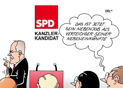 Cartoon: Nebenjob (medium) by Erl tagged spd,kanzlerkandidat,peer,steinbrück,nebenjob,nebeneinkünfte,angriff,verteidigung,verteidiger,spd,kanzlerkandidat,peer,steinbrück,nebenjob,nebeneinkünfte,angriff,verteidigung,verteidiger