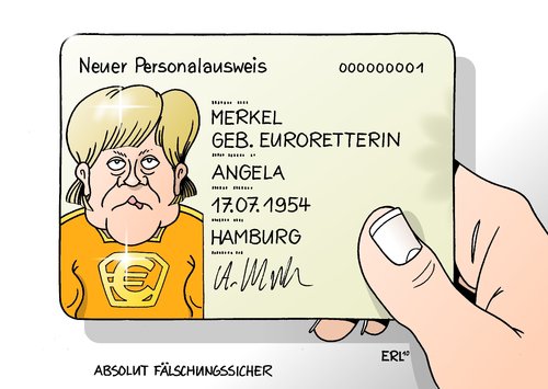 Cartoon: Neuer Personalausweis (medium) by Erl tagged personalausweis,neu,merkel,angela,eu,euro,stabilität,rettung,personalausweis,neu,euro,eu,stabilität,rettung,angela merkel,perso,identität,angela,merkel