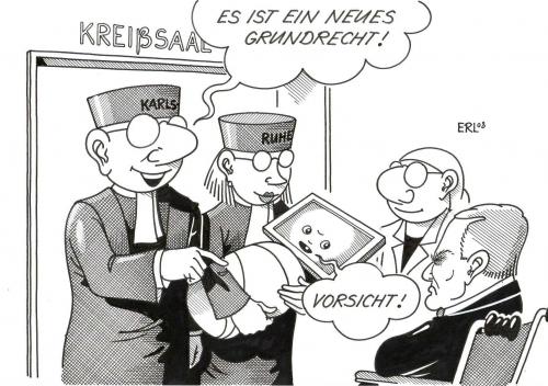 Cartoon: Neues Grundrecht (medium) by Erl tagged recht,computer,online,durchsuchung,,recht,computer,online,durchsuchung,wolfgang,stäuble,rollstuhl,grundrechte,gerichthof,national,internationaler,kreissaal,karlsruhe,juristen,richter,deutschland,geburt,wehen,vorsicht,transparenz,sicherheit,terrorismus,abhören,stasi,panikmache,angst,überwachung,datensicherung,datenschutz,post,fernmeldegeheimnisse,schutz,sauer,enttäuschung,internet,dsl,festplatte,unantastbar,eingriff,privatsphäre