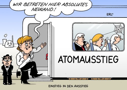 Cartoon: Neuland (medium) by Erl tagged atomausstieg,deutschland,regierung,merkel,schwarz,gelb,cdu,csu,fdp,neuland,ausstieg,rot,grün,spd,grüne,früher,steinmeier,roth,rösler,atomausstieg,deutschland,regierung,schwarz,gelb,csu,cdu,fdp,neuland,ausstieg,grün