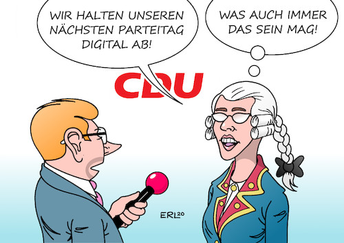 Cartoon: Neuland (medium) by Erl tagged politik,cdu,parteitag,suche,vorsitz,kandidaten,röttgen,laschet,merz,corona,virus,pandemie,covid19,veranstaltung,digital,neuland,merkel,akk,kramp,karrenbauer,perücke,puderperücke,zopf,konservativ,modern,karikatur,erl,politik,cdu,parteitag,suche,vorsitz,kandidaten,röttgen,laschet,merz,corona,virus,pandemie,covid19,veranstaltung,digital,neuland,merkel,akk,kramp,karrenbauer,perücke,puderperücke,zopf,konservativ,modern,karikatur,erl