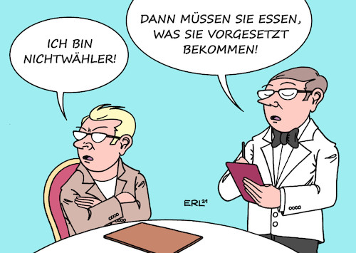 Cartoon: Nichtwähler (medium) by Erl tagged politik,wahl,bundestagswahl,2021,wahlkampf,endspurt,wählerinnen,wähler,nichtwähler,rot,schwarz,grün,gelb,dunkelrot,spd,cdu,csu,grüne,fdp,linke,restaurant,gast,ober,speisekarte,essen,karikatur,erl,politik,wahl,bundestagswahl,2021,wahlkampf,endspurt,wählerinnen,wähler,nichtwähler,rot,schwarz,grün,gelb,dunkelrot,spd,cdu,csu,grüne,fdp,linke,restaurant,gast,ober,speisekarte,essen,karikatur,erl