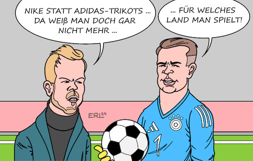 Cartoon: Nike statt Adidas (medium) by Erl tagged politik,sport,fußball,dfb,vertrag,ausstattung,trikots,nike,usa,kündigung,adidas,deutschland,patriotismus,wirtschaft,herstellung,billiglohnländer,bundestrainer,julian,nagelsmann,torwart,torhüter,nationaltorwart,nationaltorhüter,manuel,neuer,land,solidarität,karikatur,erl,politik,sport,fußball,dfb,vertrag,ausstattung,trikots,nike,usa,kündigung,adidas,deutschland,patriotismus,wirtschaft,herstellung,billiglohnländer,bundestrainer,julian,nagelsmann,torwart,torhüter,nationaltorwart,nationaltorhüter,manuel,neuer,land,solidarität,karikatur,erl