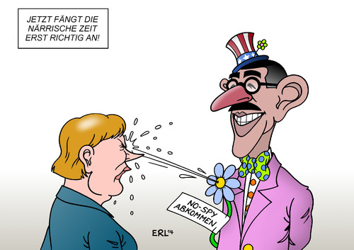 Cartoon: No-Spy-Abkommen (medium) by Erl tagged deutschland,usa,geheimdienst,bnd,nsa,abhören,ausspähen,aushorchen,freund,feind,abkommen,scheitern,präsident,barack,obama,bundeskanzlerin,angela,merkel,karneval,fasnacht,fasching,närrische,zeit,pappnase,scherzartikel,blume,karikatur,erl,deutschland,usa,geheimdienst,bnd,nsa,abhören,ausspähen,aushorchen,freund,feind,abkommen,scheitern,präsident,barack,obama,bundeskanzlerin,angela,merkel,karneval,fasnacht,fasching,närrische,zeit,pappnase,scherzartikel,blume